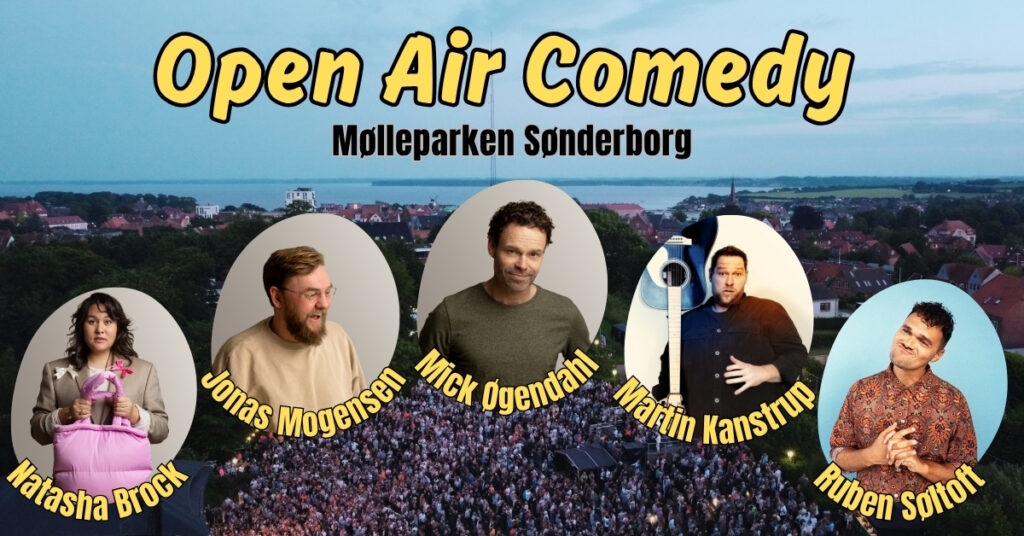 Open Air Comedy i Mølleparken Sønderborg. Martin Kanstrup. Jonas Mogensen. Stand-up festival i Sønderborg.