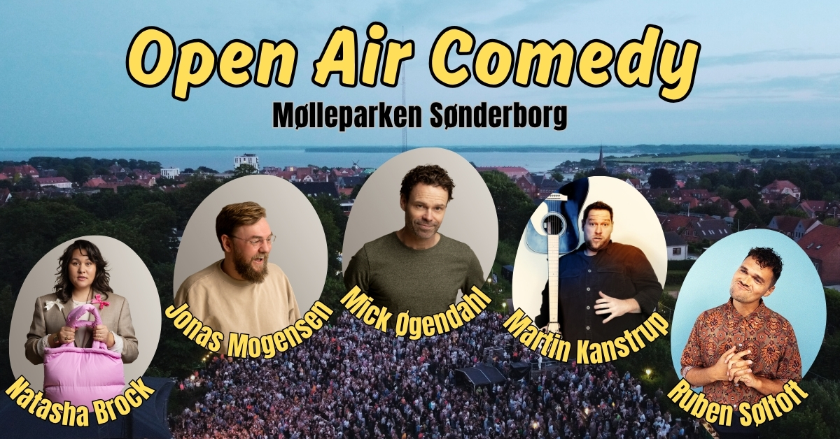 Open Air Comedy i Mølleparken Sønderborg. Martin Kanstrup. Jonas Mogensen. Stand-up festival i Sønderborg.