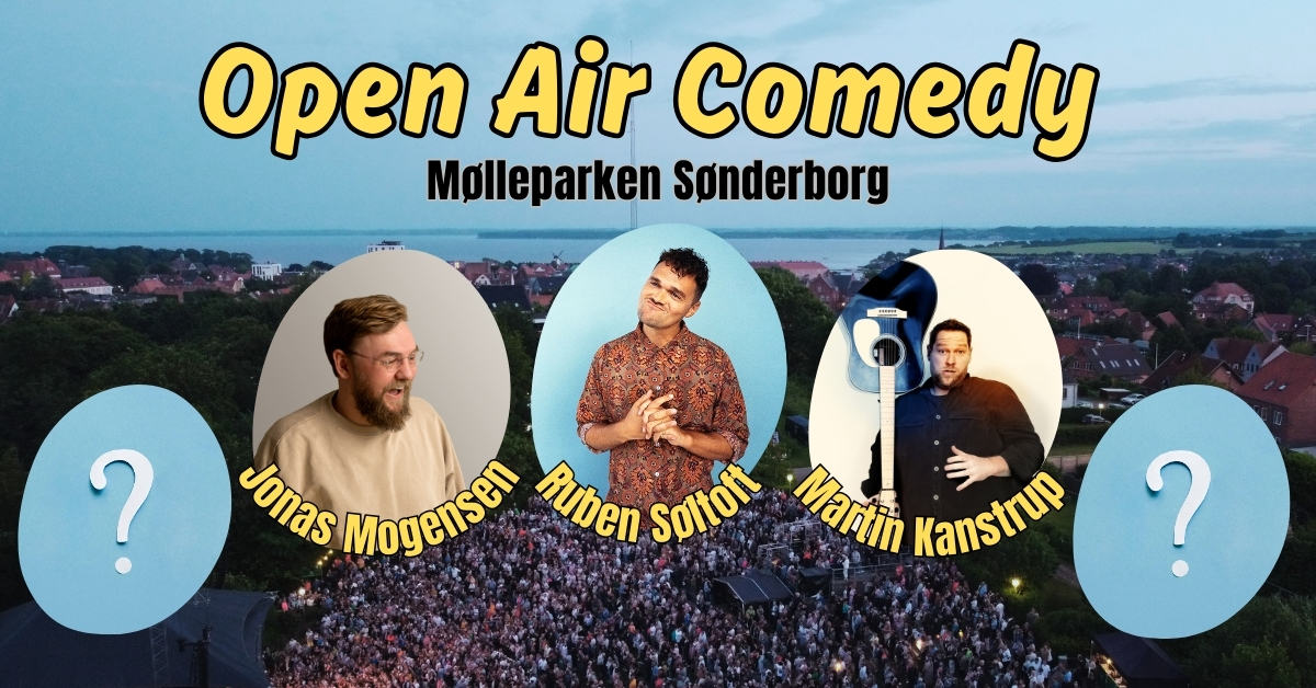 Open Air Comedy i Mølleparken Sønderborg. Martin Kanstrup. Jonas Mogensen. Stand-up festival i Sønderborg.